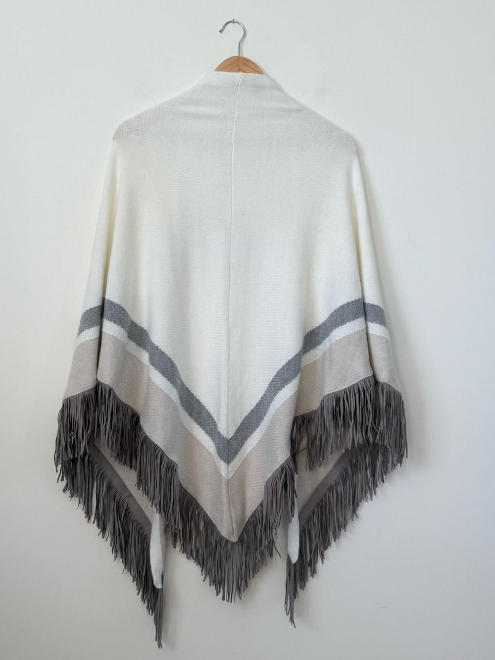 Chico's Coastal Cream Wrap with Grey and Taupe and Faux Suede Fringe